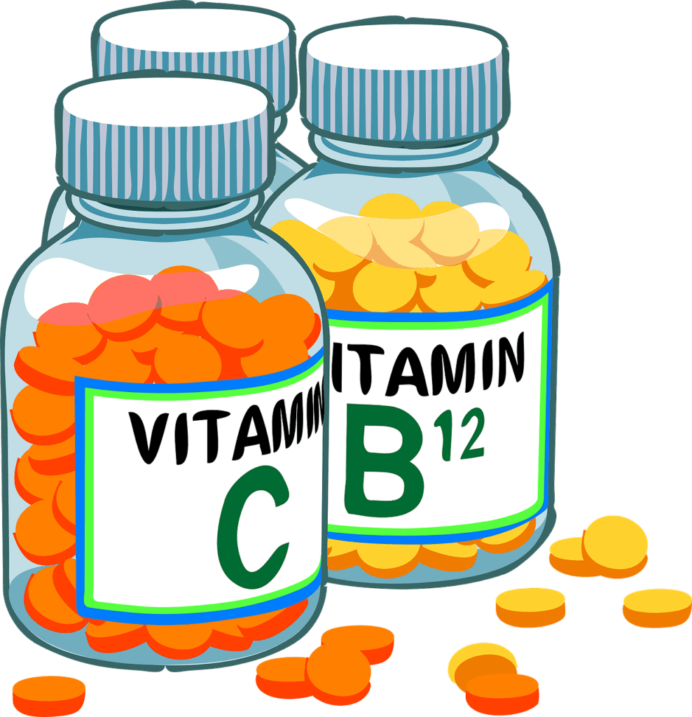 B12 and C vitamin bottles for mental health